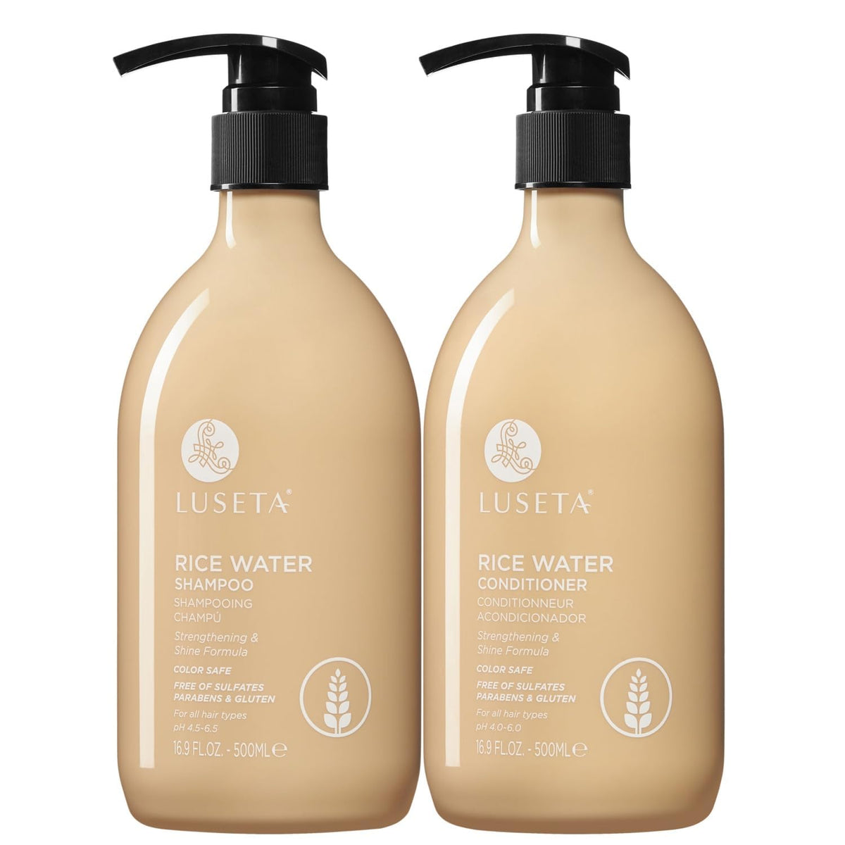 LUSÉTA front view of shampoo and conditioner bottles showing set benefit of shine