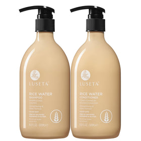 LUSÉTA front view of shampoo and conditioner bottles showing set benefit of shine