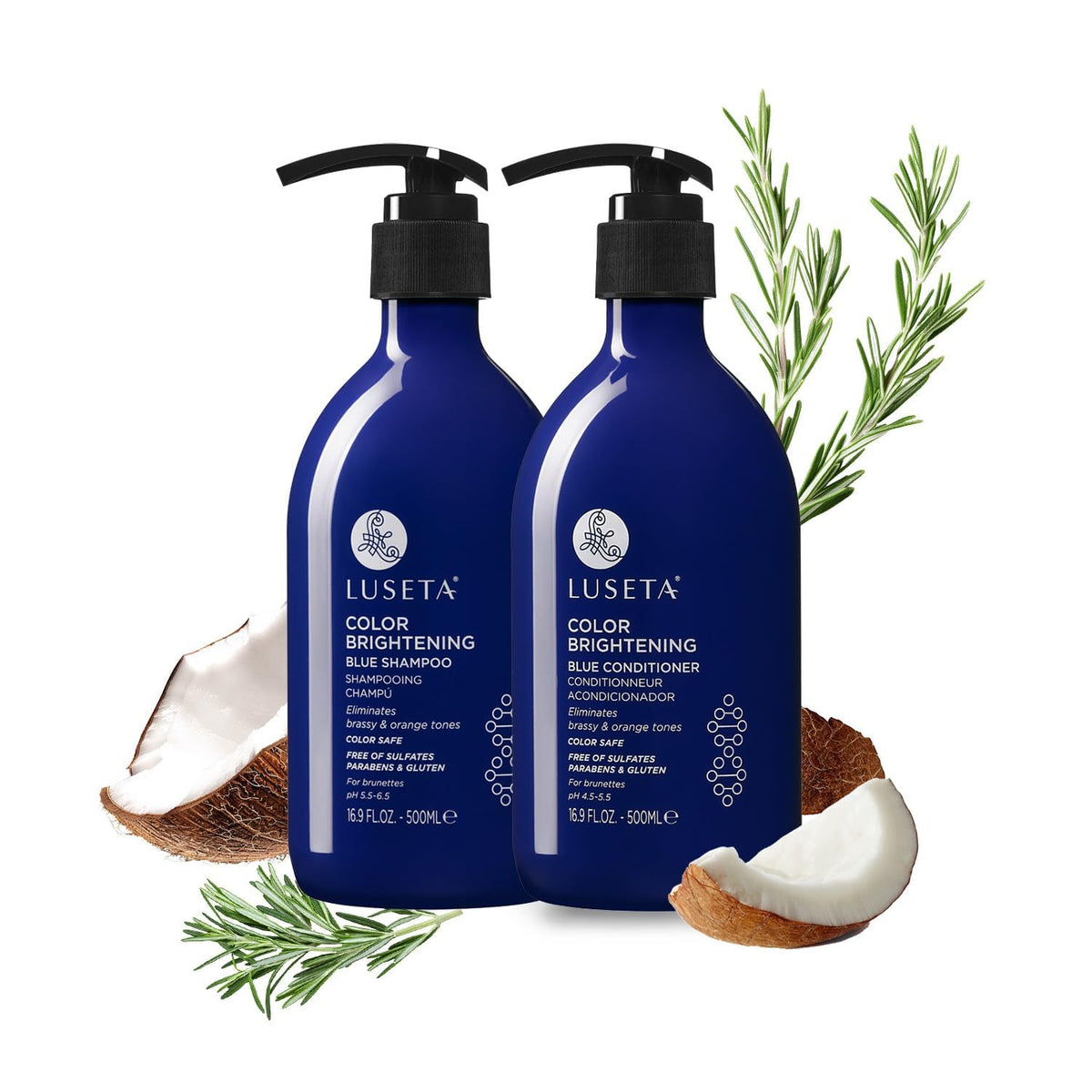 Luseta front packaging showing blue shampoo and conditioner for toning benefits