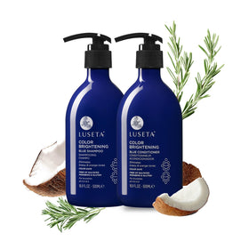 Luseta front packaging showing blue shampoo and conditioner for toning benefits