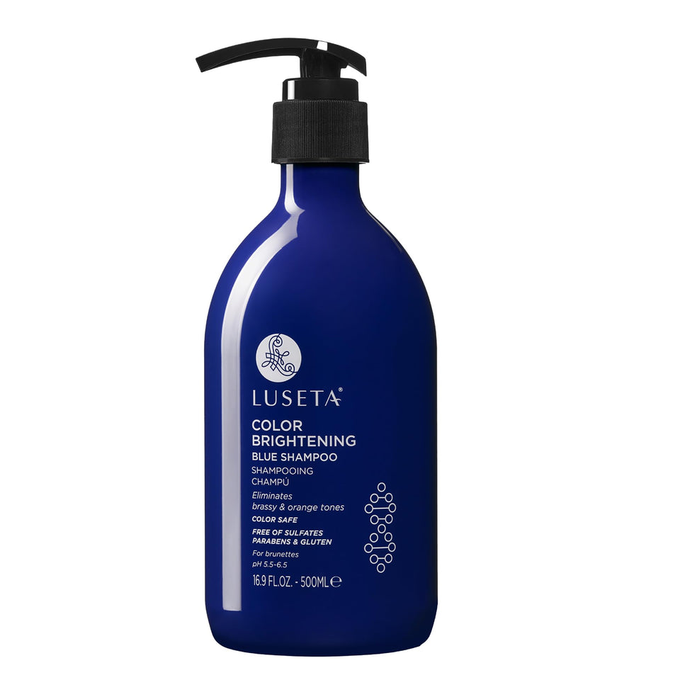 Luseta front packaging showing blue shampoo and clear product identity and benefits