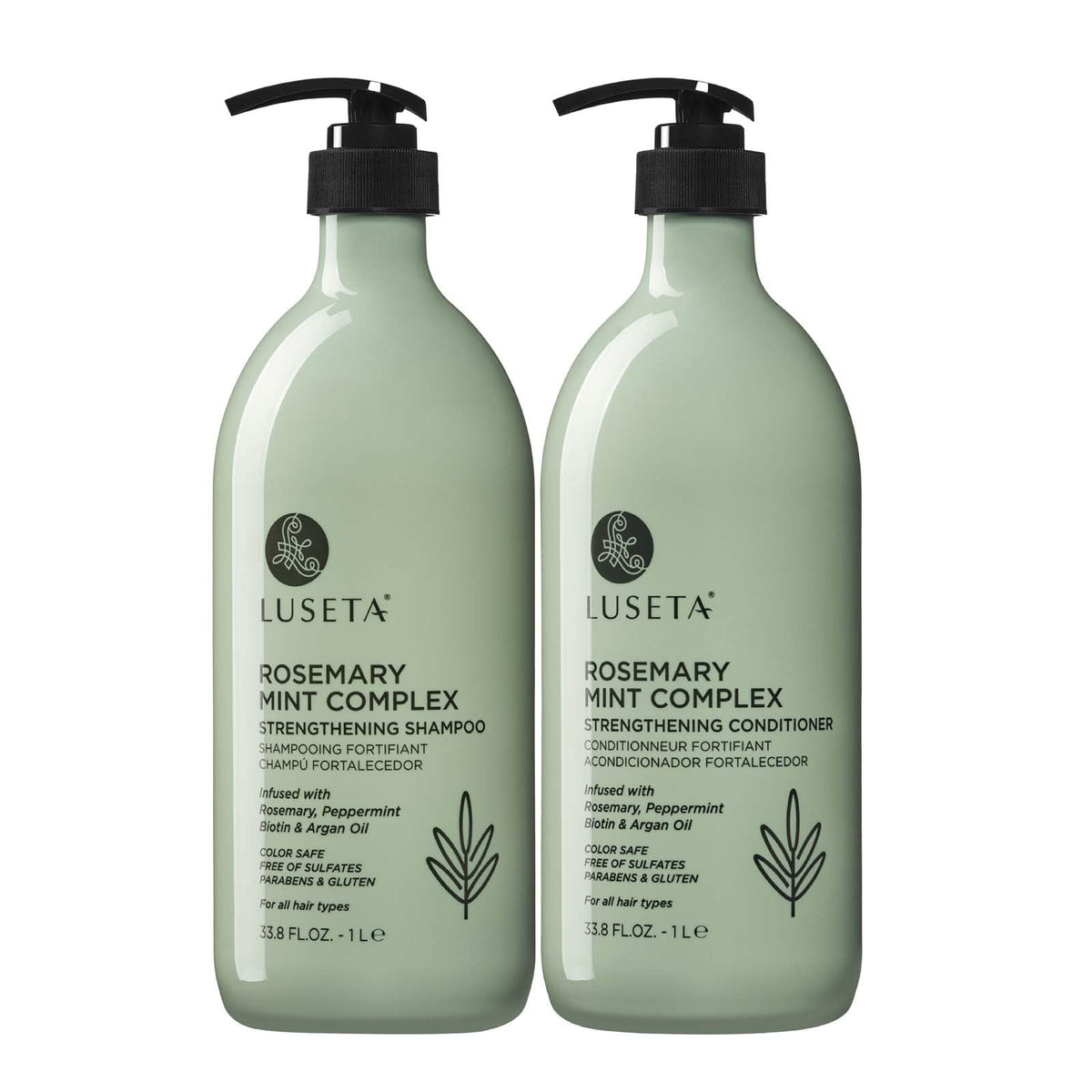 Luseta front packaging duo showing large 33.8oz bottles and label benefits