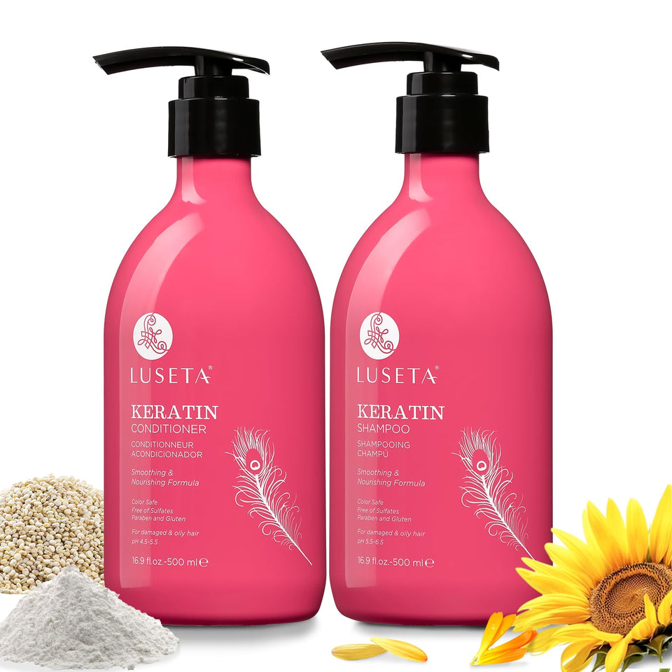 Luseta front packaging showing keratin duo and product benefits