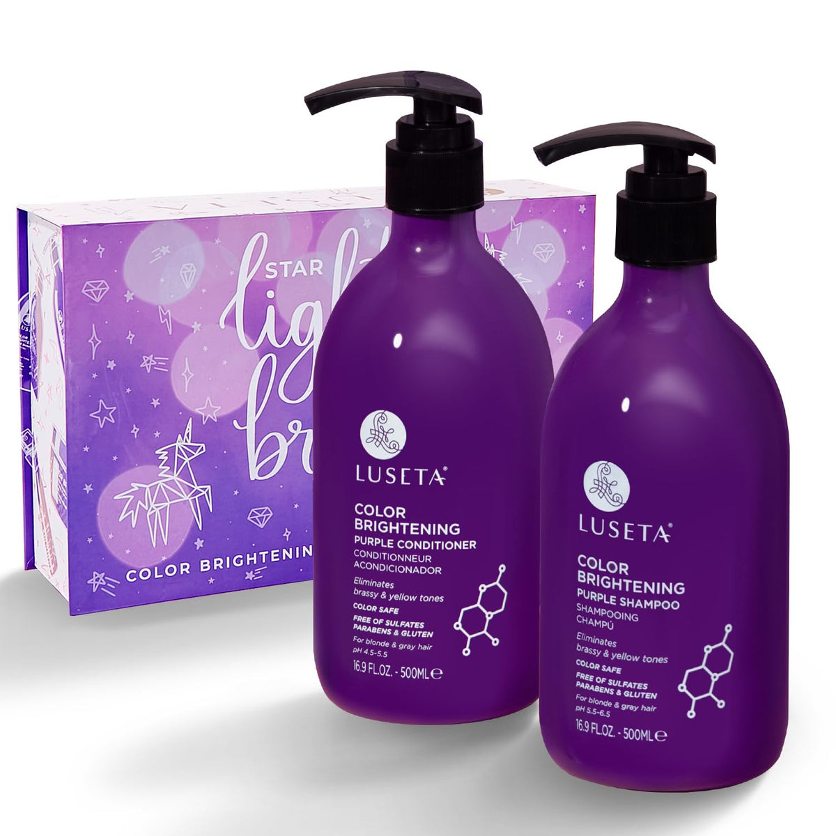 LUSETA front packaging showing both bottles and calming purple tone benefit