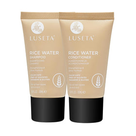 Luseta front packaging showing travel-size rice water shampoo and conditioner, brightening effect