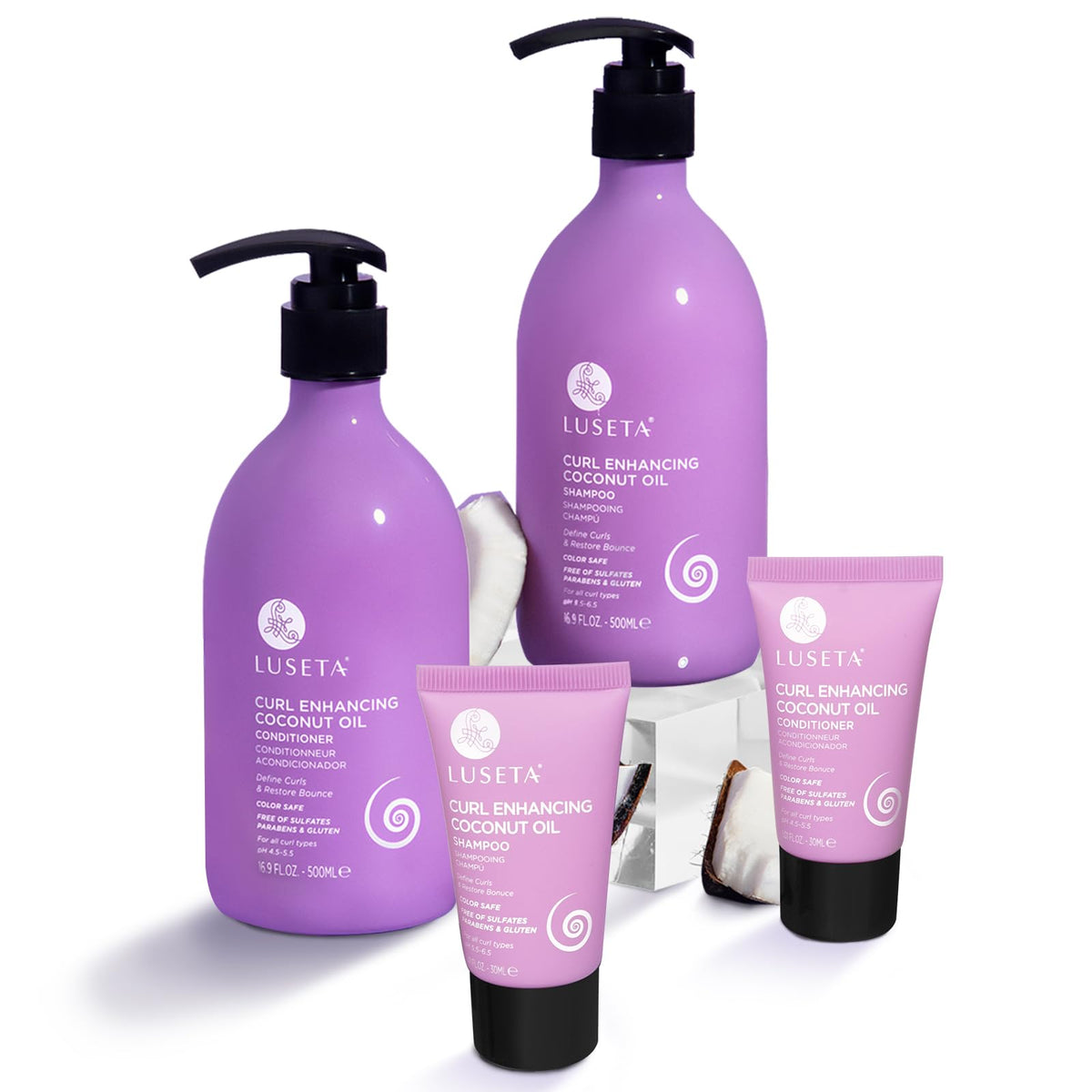 LUSETA front packaging showing shampoo and conditioner for defined curls