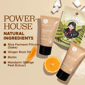 Luseta rice grains and ginger root ingredients displayed emphasizing natural nourishment