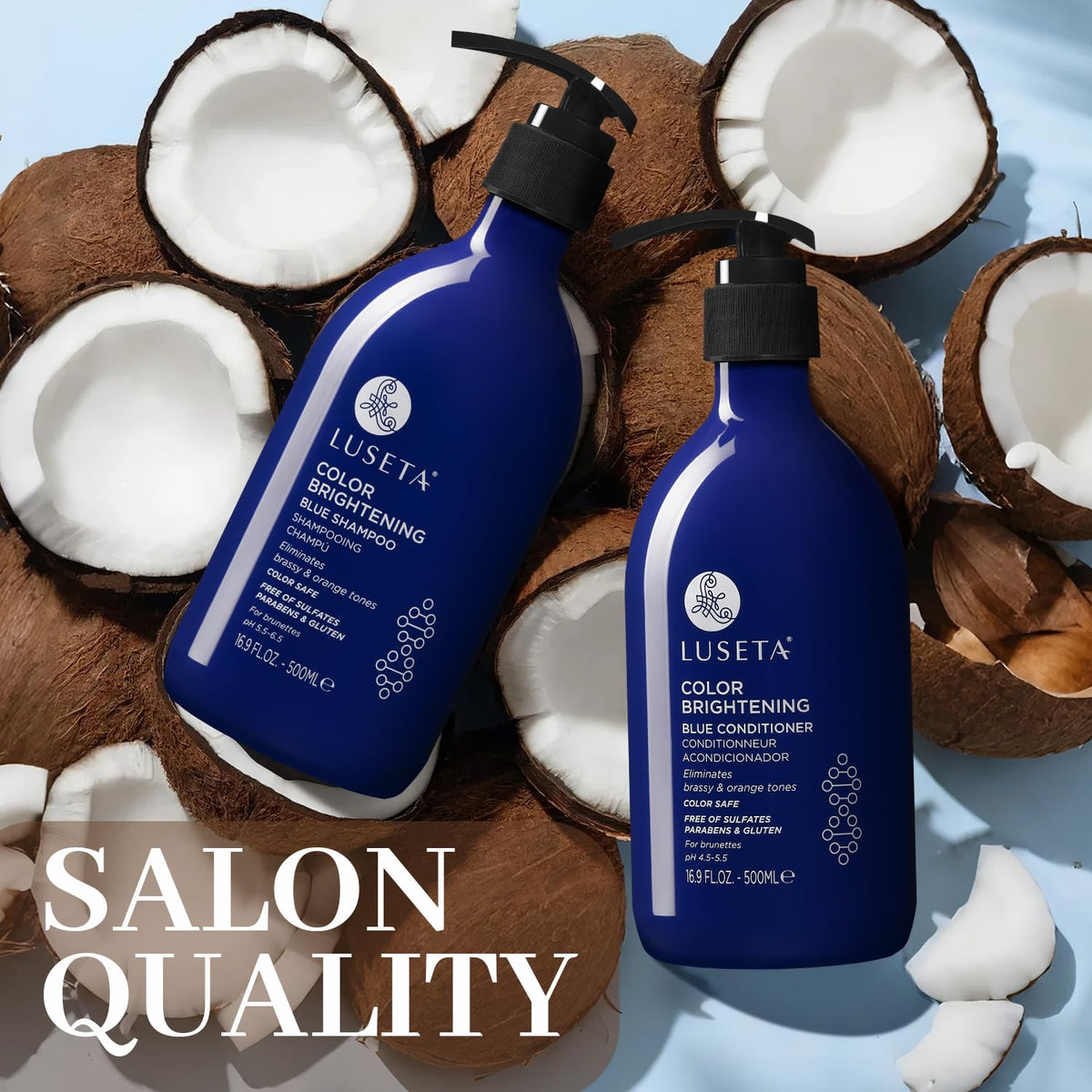Luseta set styled on bathroom shelf suggesting routine and salon upkeep