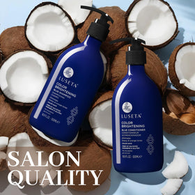 Luseta set styled on bathroom shelf suggesting routine and salon upkeep