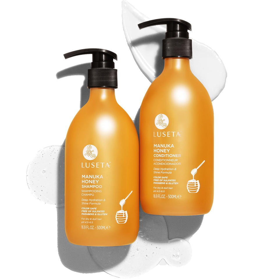 Luseta front view of shampoo and conditioner set showing packaging and size