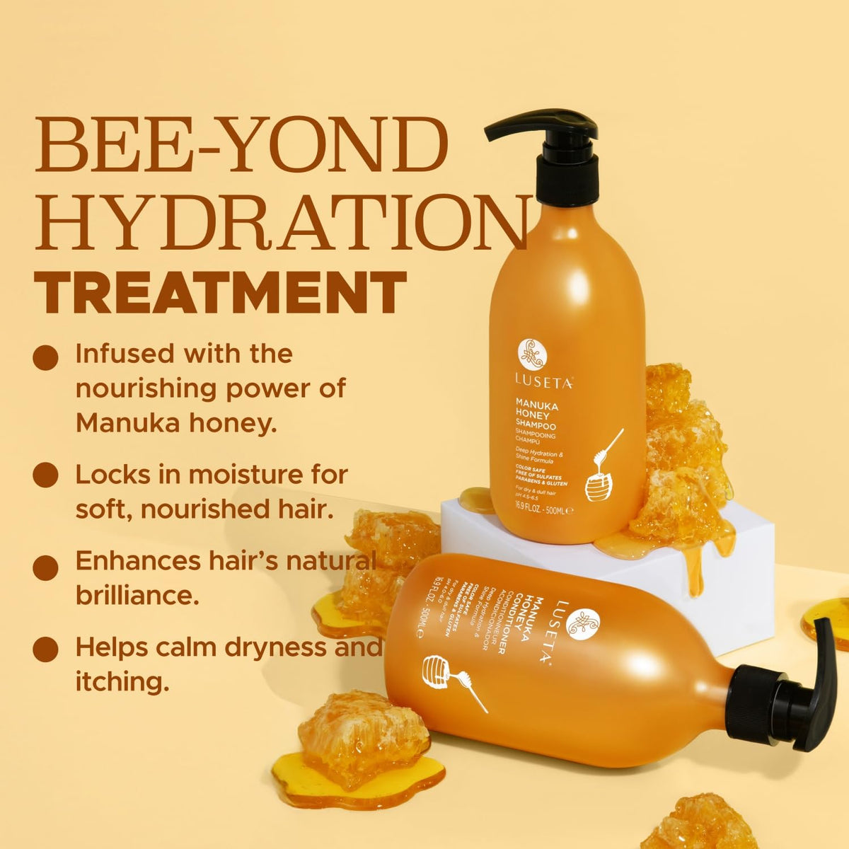 Luseta close-up of product label highlighting Manuka honey and sulfate-free benefits
