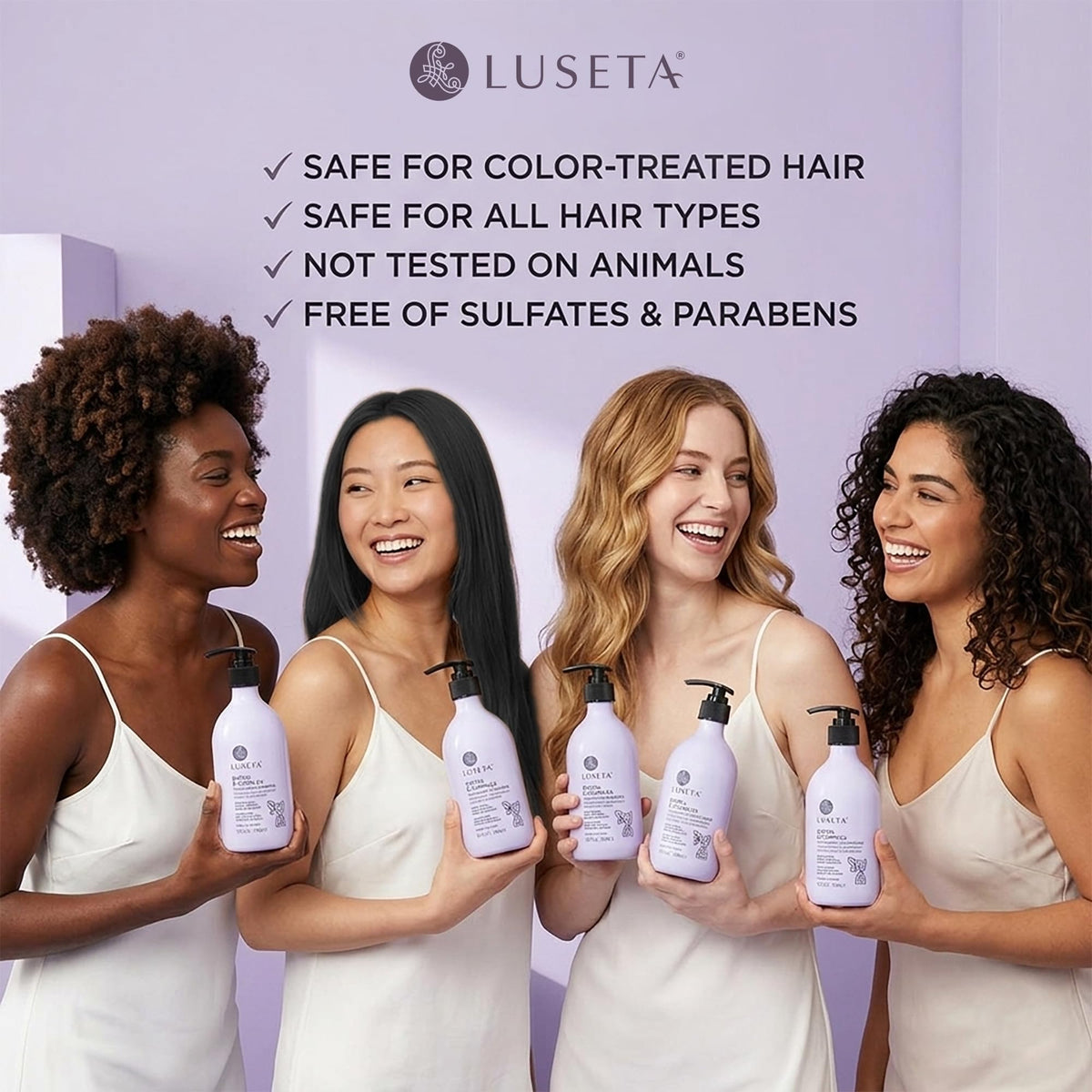 LUSETA bottles next to a hand to show 16.9 oz scale and travel-ready benefit