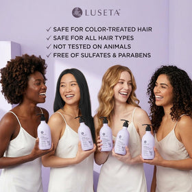 LUSETA bottles next to a hand to show 16.9 oz scale and travel-ready benefit