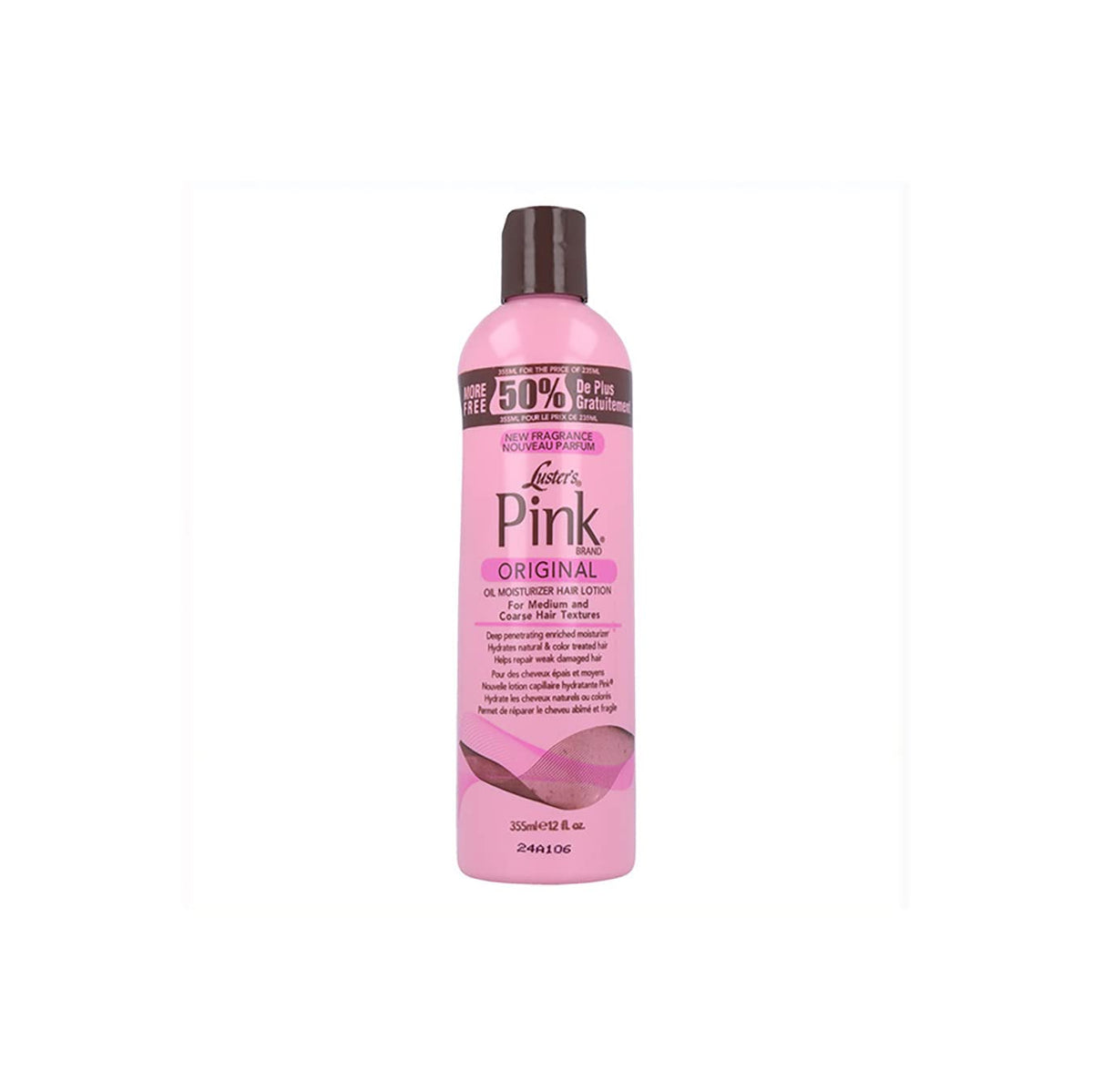 Luster front bottle view of pink oil moisturizer showing label and 12 oz size for longer use