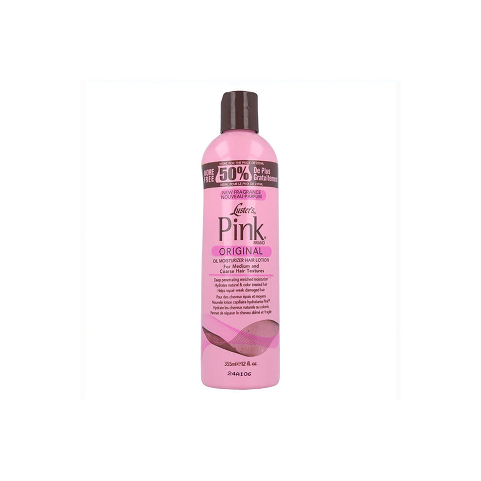 Luster front bottle view of pink oil moisturizer showing label and 12 oz size for longer use