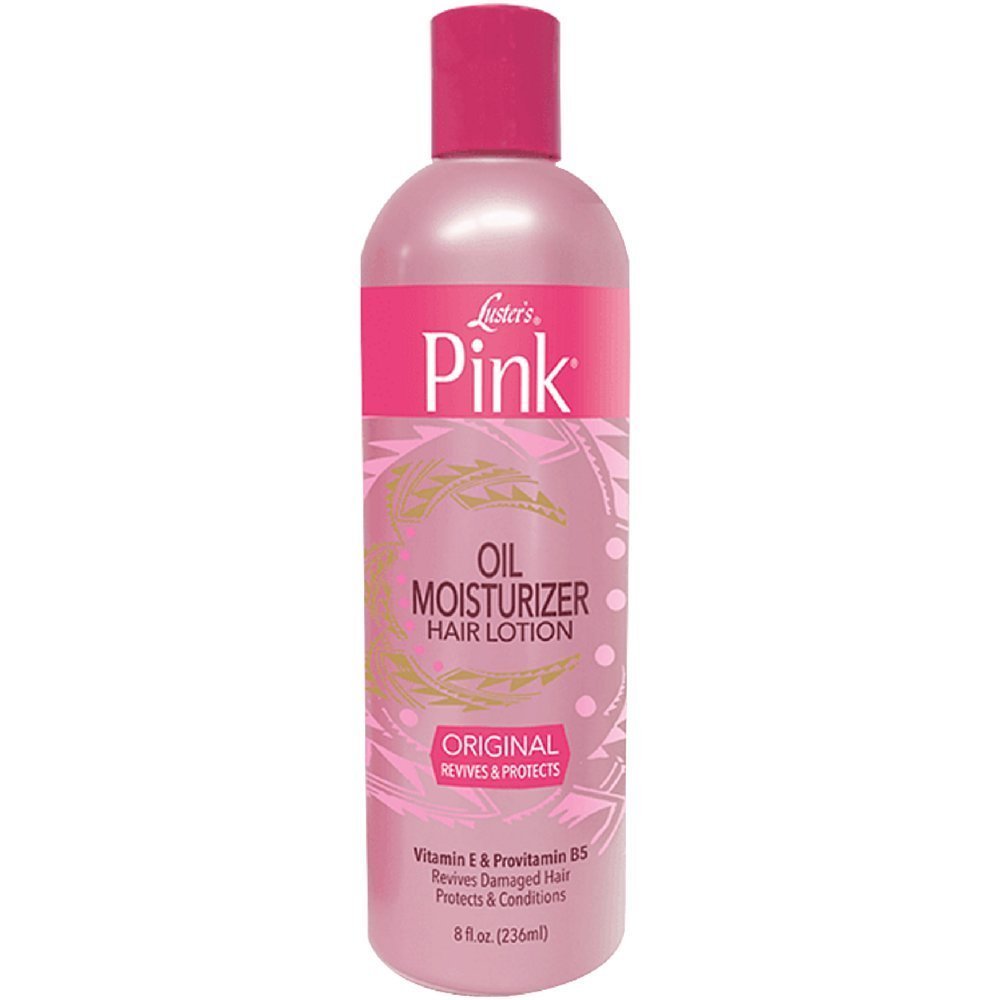 Luster's pink oil front pack showing bottle and lightweight formula benefits