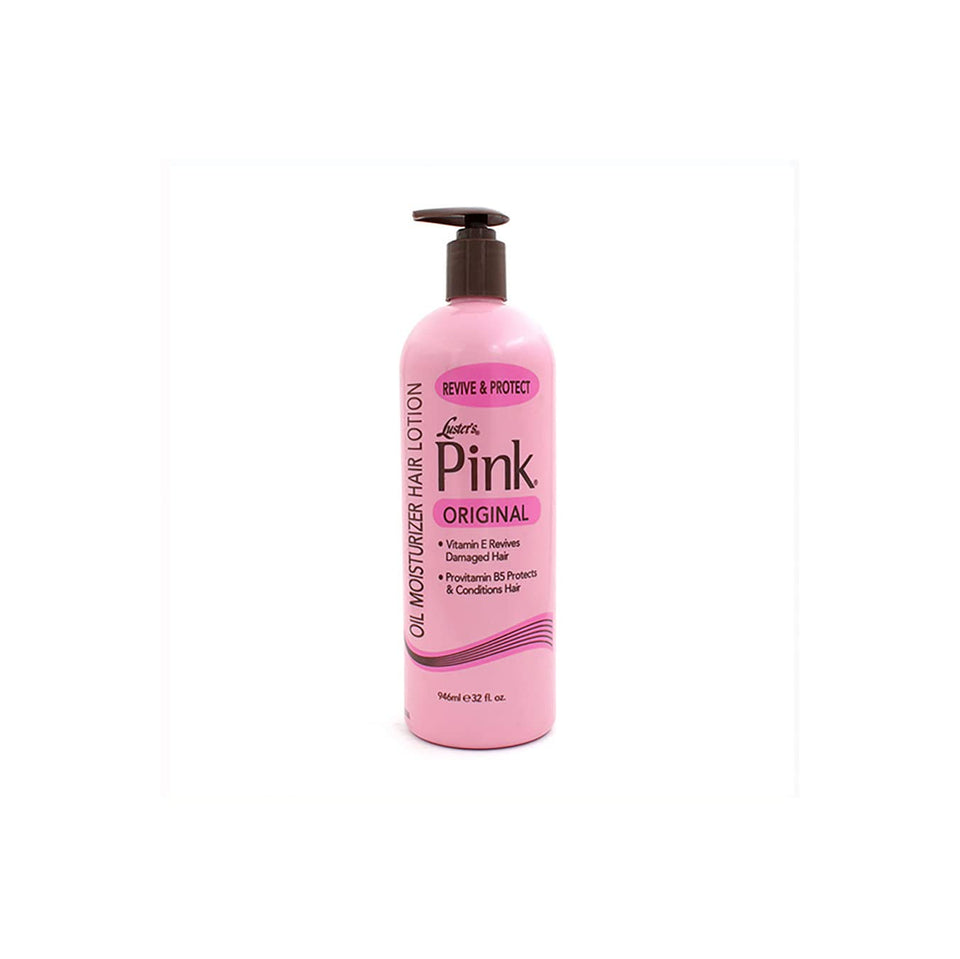 Luster's pink oil moisturizer front bottle view showing label and size benefit