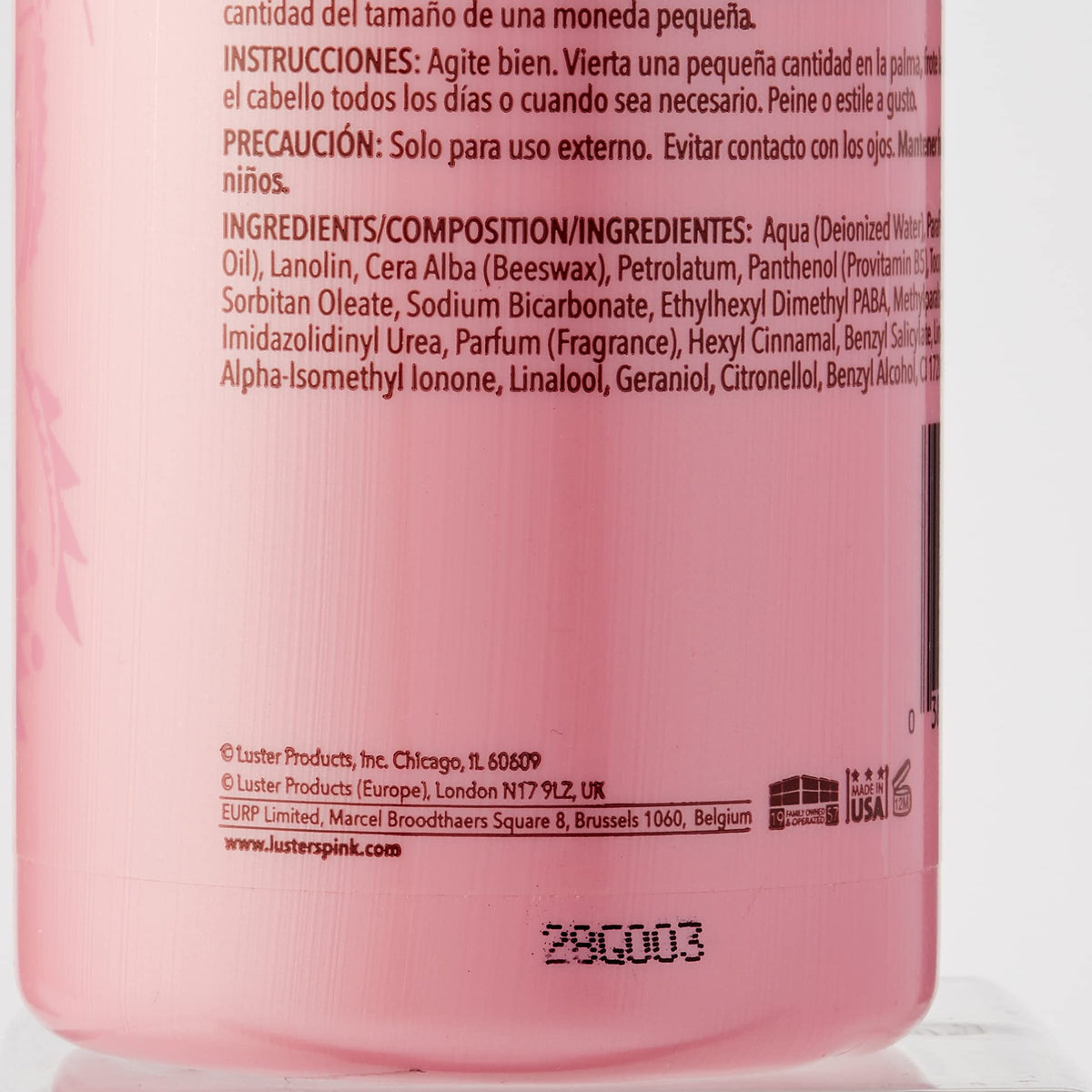 Luster's pink oil moisturizer used during styling showing frizz control benefit