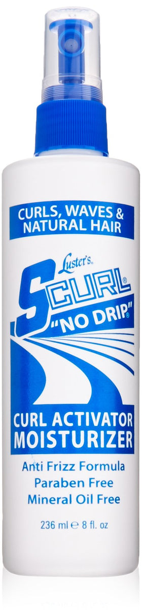 Luster's Scurl front bottle showing label and 8-ounce spray, clear benefit of defined curls