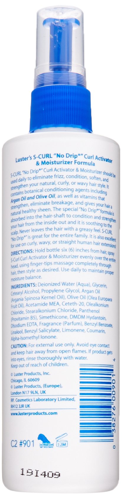 Luster's Scurl mist applied to curly hair, close-up demonstrating no-drip controlled hydration