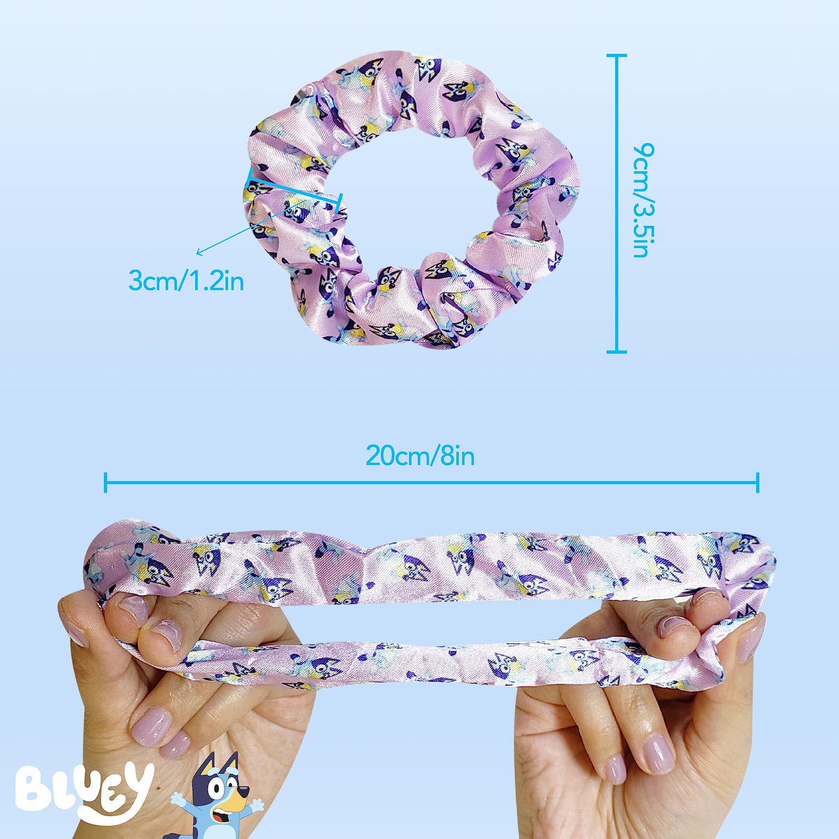 LUV HER fabric texture of a Bluey scrunchie showing silk-feel surface that reduces breakage