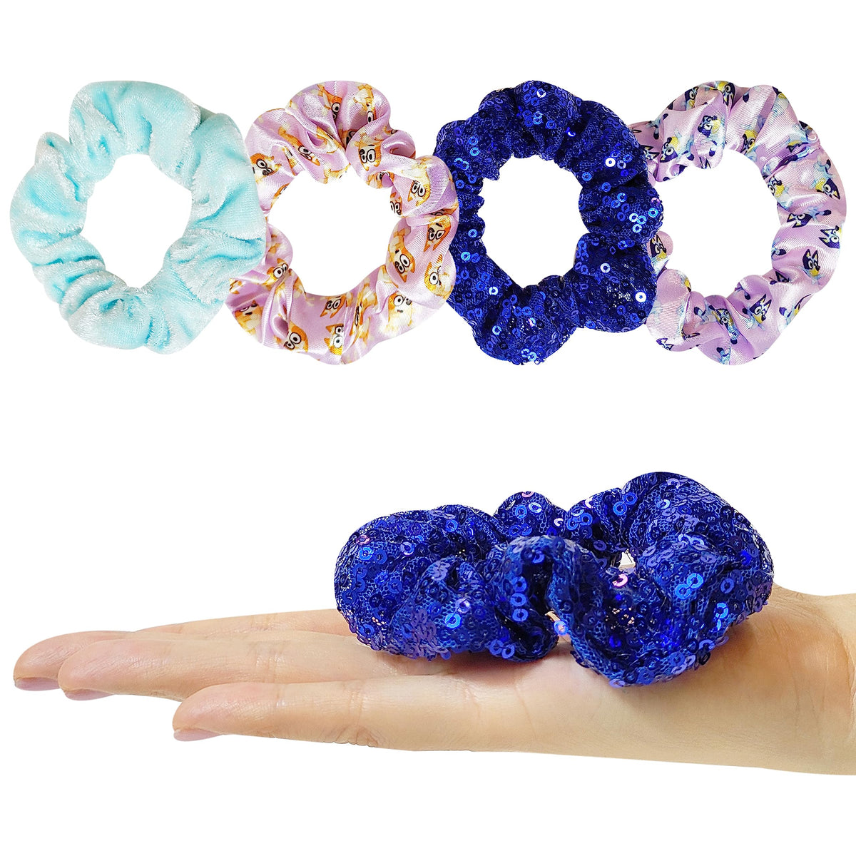 LUV HER four Bluey scrunchies set arranged to show colors and soft hold benefits