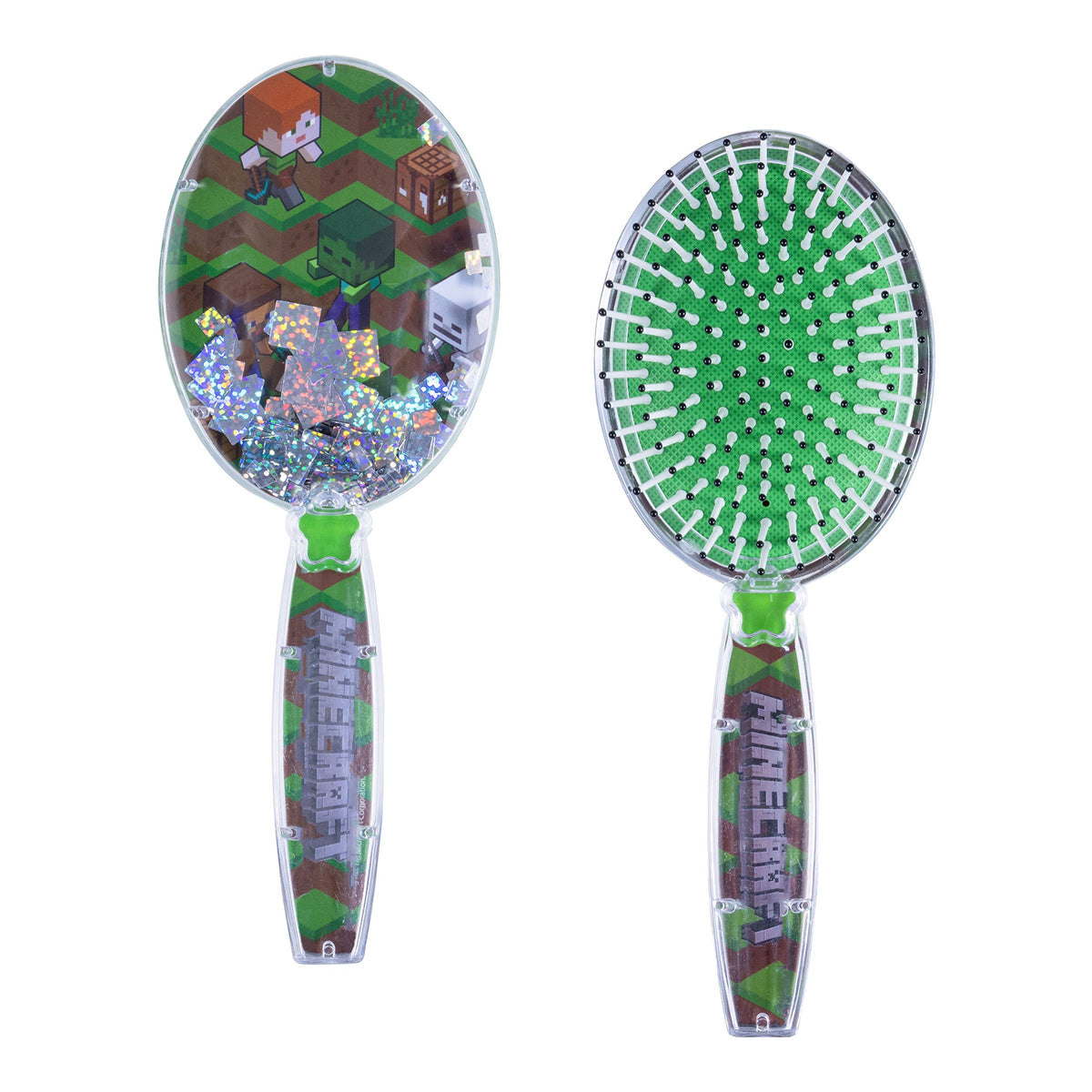 LUV HER brush front view with Minecraft portrait and moving silver cubes for playful grooming