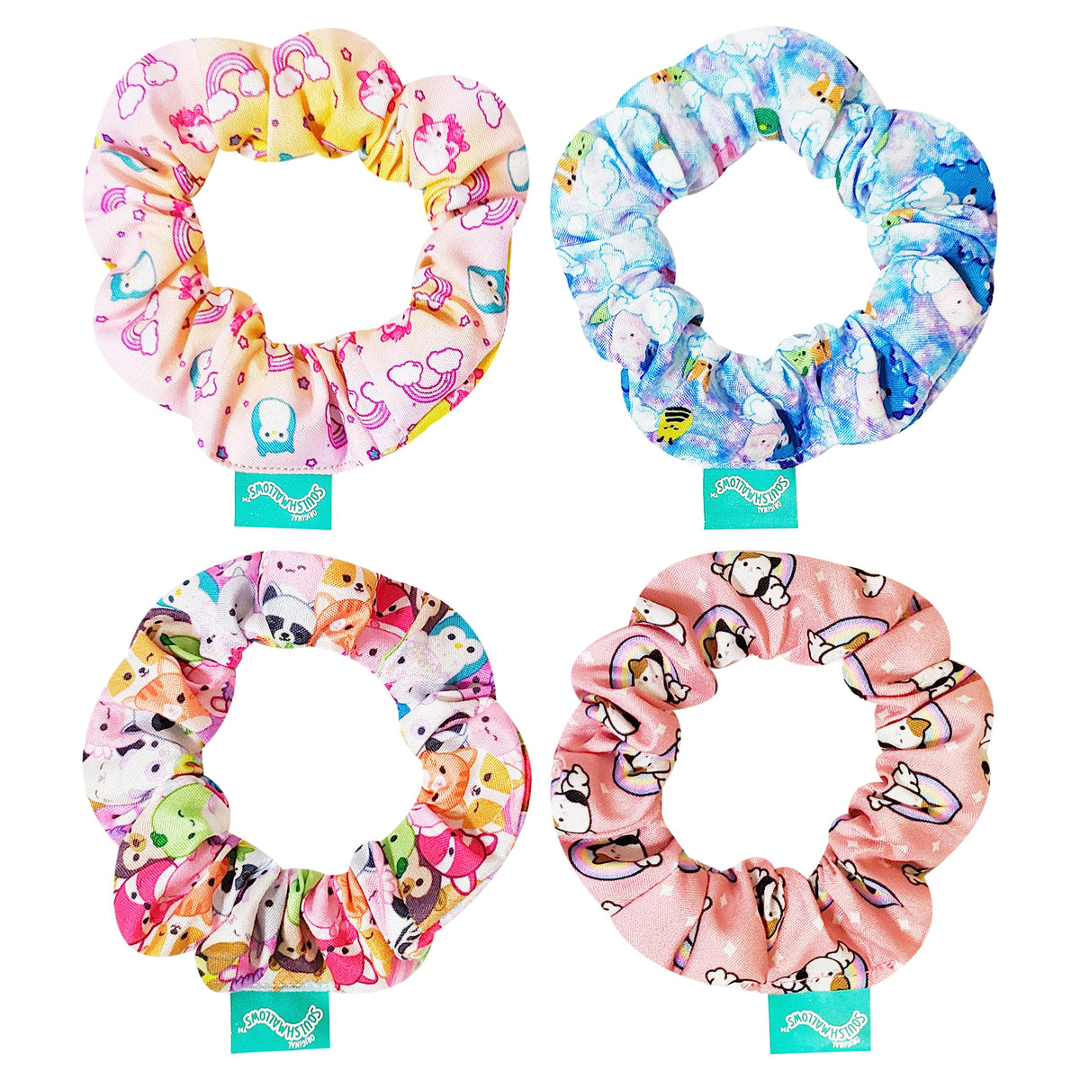 LUV HER front packaging showing four Squishmallows scrunchies, colorful and playful