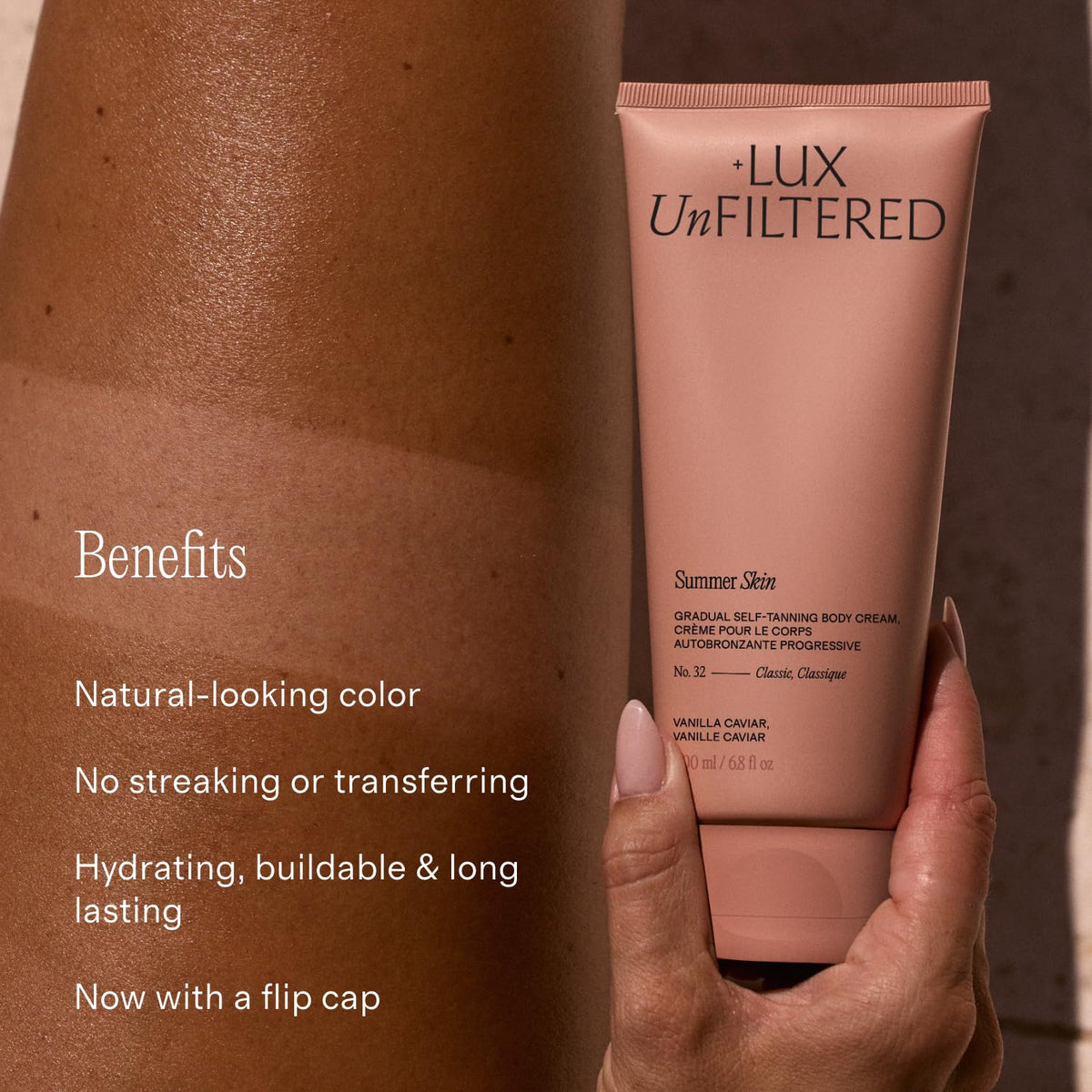 Lux Unfiltered application on forearm showing even coverage for natural-looking tan