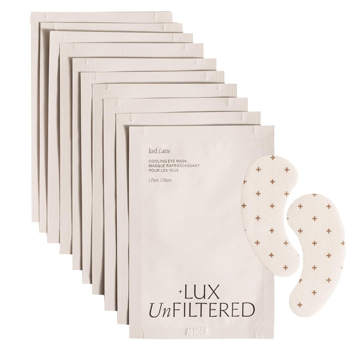 Lux Unfiltered front packaging showing 10 pairs and cooling eye patch benefits