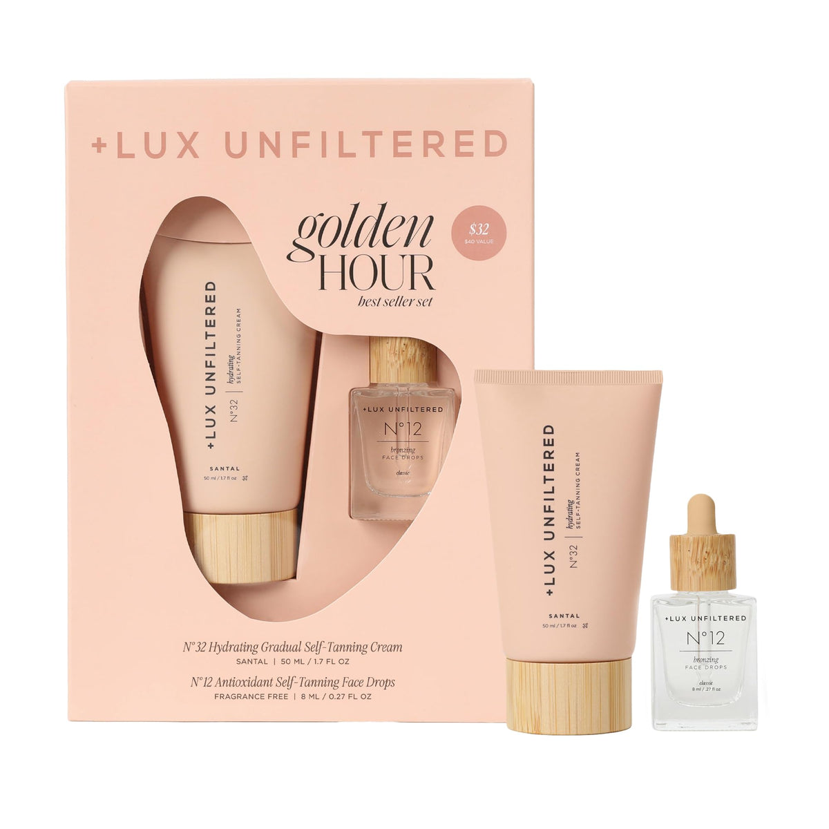 Lux Unfiltered front packaging showing travel-ready tanning set and gifting benefit