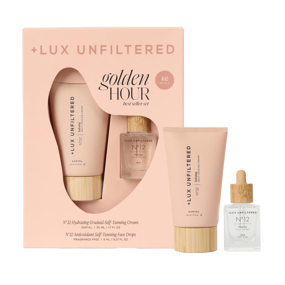 Lux Unfiltered front packaging showing travel-ready tanning set and gifting benefit