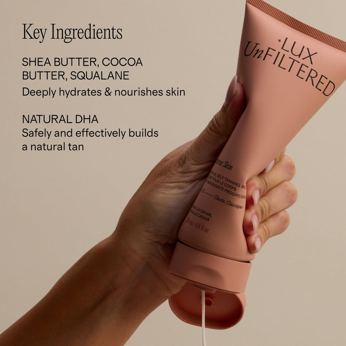 Applying Lux Unfiltered on forearm for even, streak-free tan