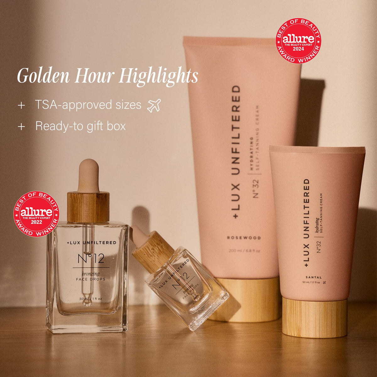 Lux Unfiltered N°32 bottle close-up highlighting label and buildable tan benefit