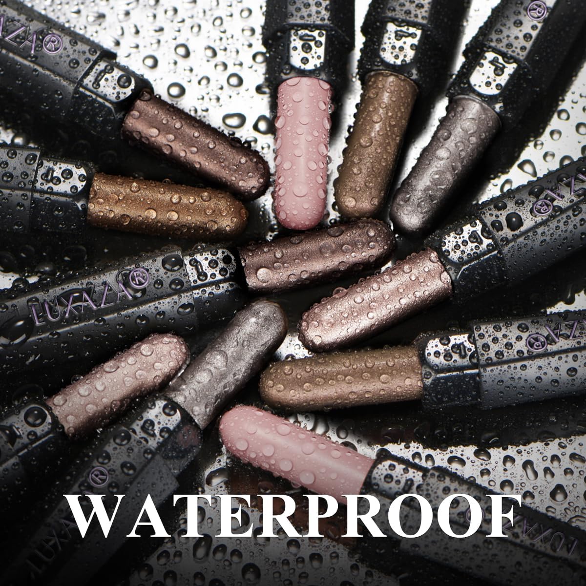 LUXAZA PRO swatches on forearm illustrating pigment payoff and finish variety