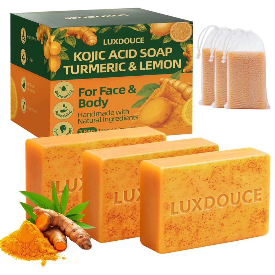 LUXDOUCE front packaging showing three kojic turmeric lemon bars and benefits