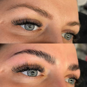 LUXE before and after brows comparison highlighting lifted groomed brows and lasting hold benefit