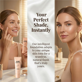 LUXE FOUNDATION before and after swatch demonstrating tone‑matching benefit