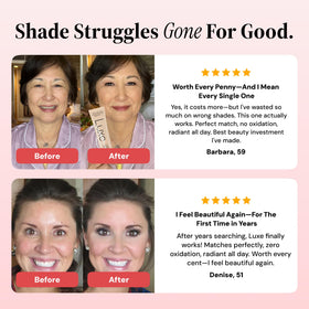LUXE foundation before and after on face showing color transformation and natural look benefit