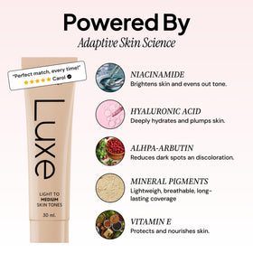 LUXE foundation blended on cheek close-up showing natural matte finish and seamless coverage benefit