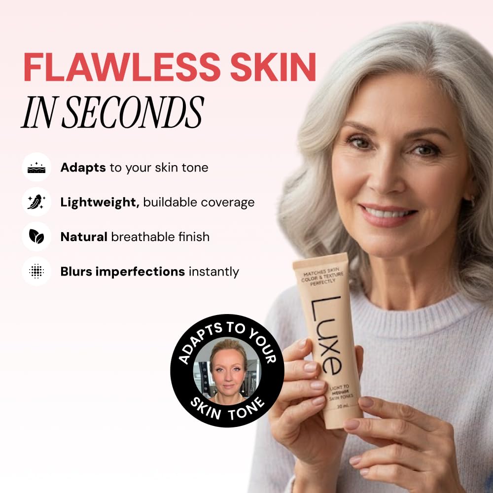 LUXE foundation bottle beside hyaluronic acid and niacinamide visuals showing skincare benefits