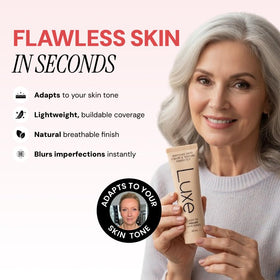 LUXE foundation bottle beside hyaluronic acid and niacinamide visuals showing skincare benefits