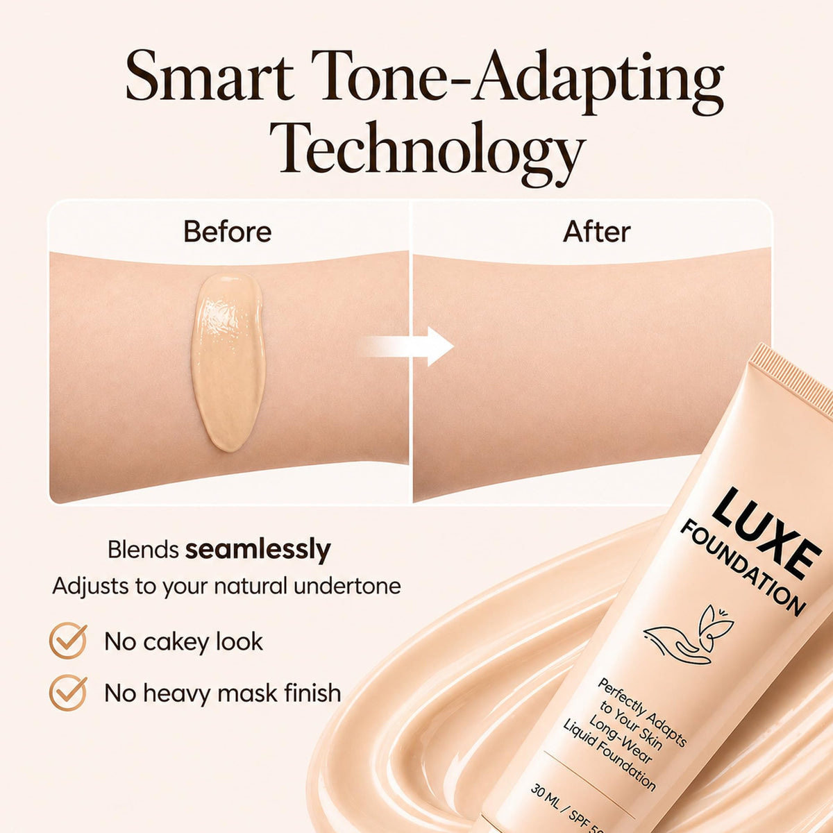 LUXE FOUNDATION blended with brush illustrating buildable natural coverage