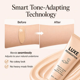 LUXE FOUNDATION blended with brush illustrating buildable natural coverage