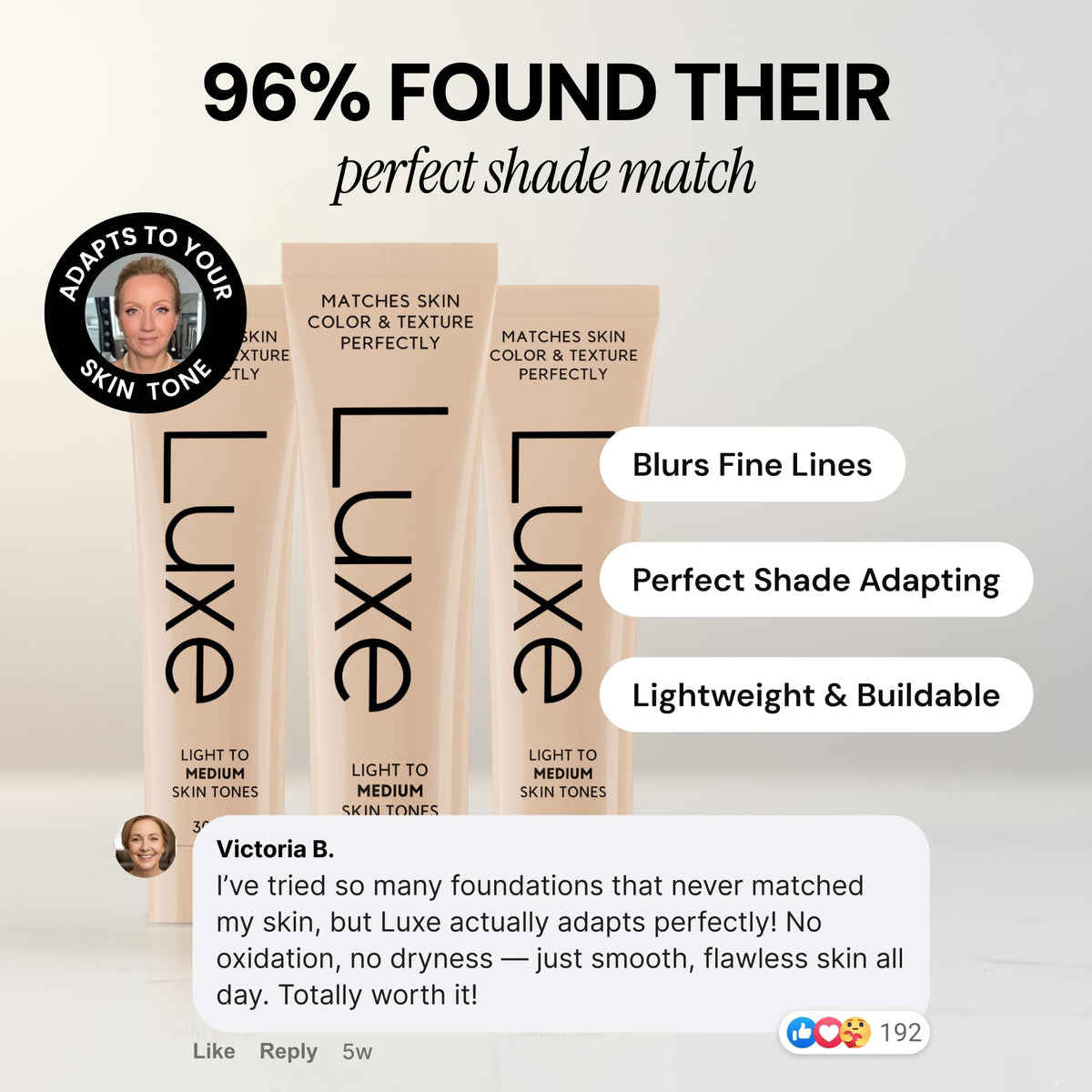 LUXE foundation bottle in travel pouch showing portability and one-shade convenience benefit