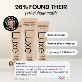 LUXE foundation bottle in travel pouch showing portability and one-shade convenience benefit