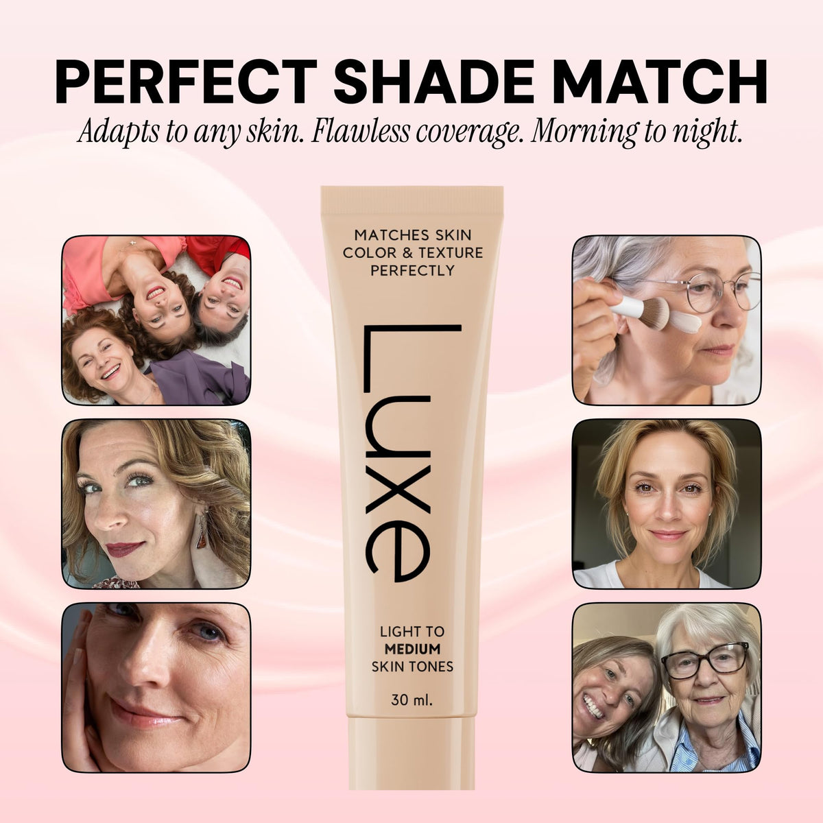 LUXE foundation droplet on hand demonstrating microbead texture and adaptive color benefit