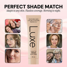 LUXE foundation droplet on hand demonstrating microbead texture and adaptive color benefit