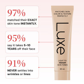 LUXE foundation ingredient label zoom highlighting hyaluronic acid and peptides benefit