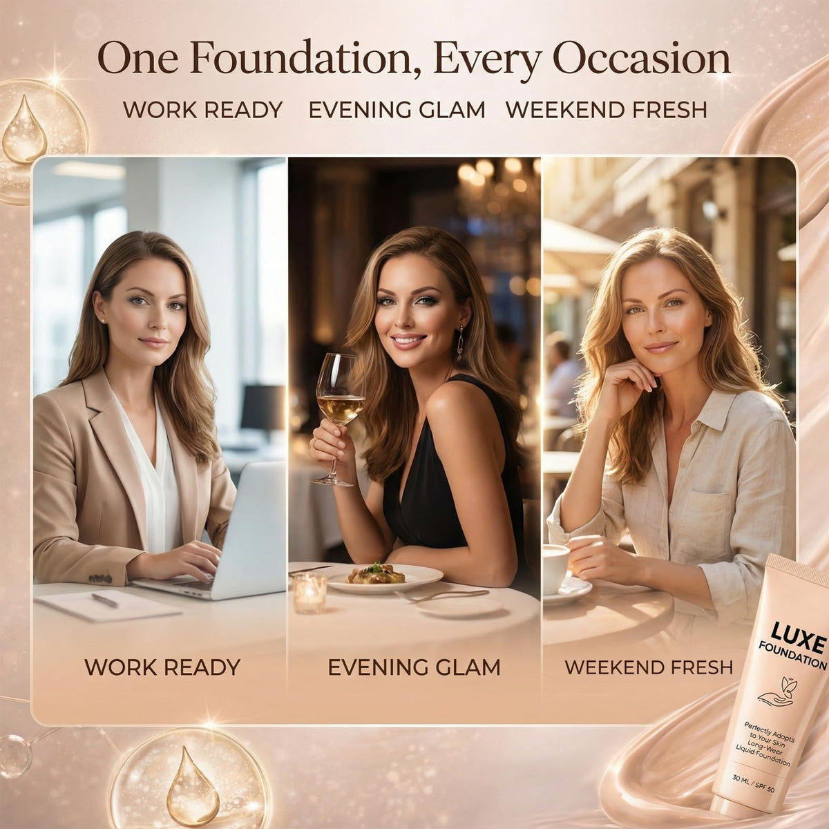 LUXE FOUNDATION in a handbag lifestyle shot for travel convenience and protection
